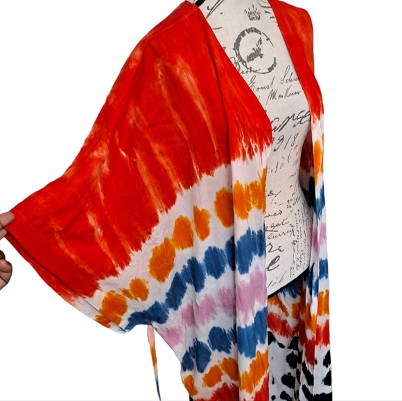 Kendall & Kylie Tie Dye colorful belted long maxi duster kimono - Picture 14 of 16